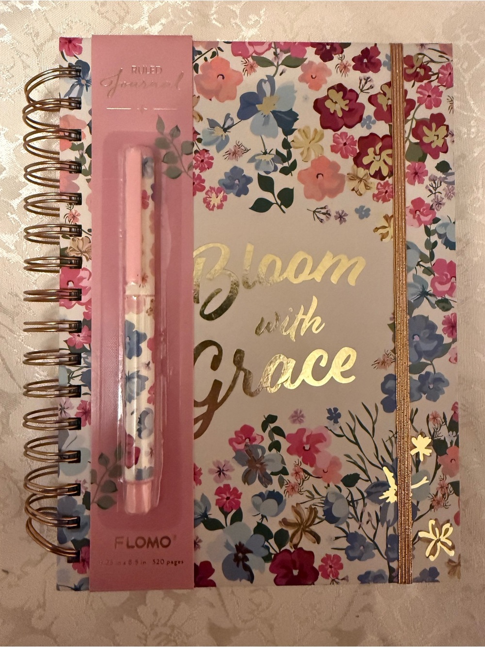 Bloom with Grace" Floral Ruled Journal set. It is an inspirational stationary